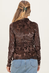 Brown Floral Velvet Mesh Long Sleeve Maternity Top