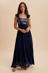Navy Chiffon Sequin Bodice Maxi Dress