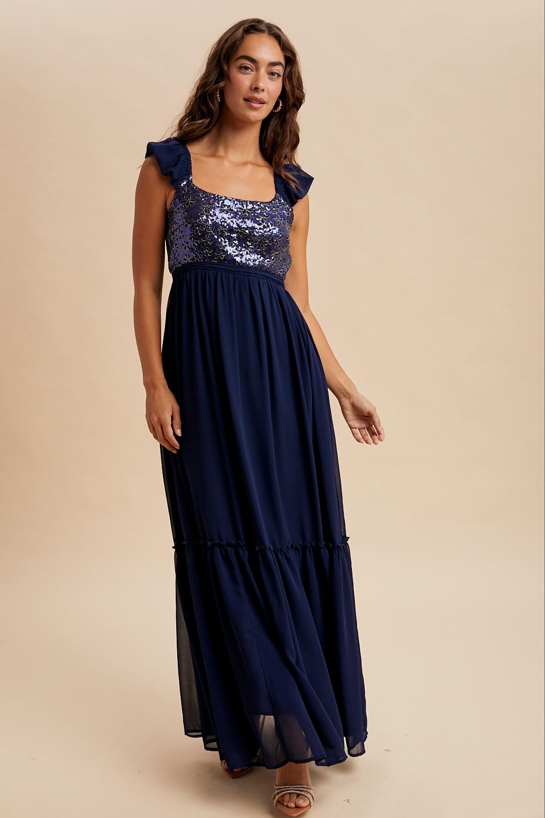 Navy Chiffon Sequin Bodice Maxi Dress