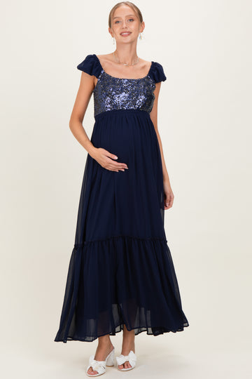 Navy Chiffon Sequin Bodice Maternity Maxi Dress
