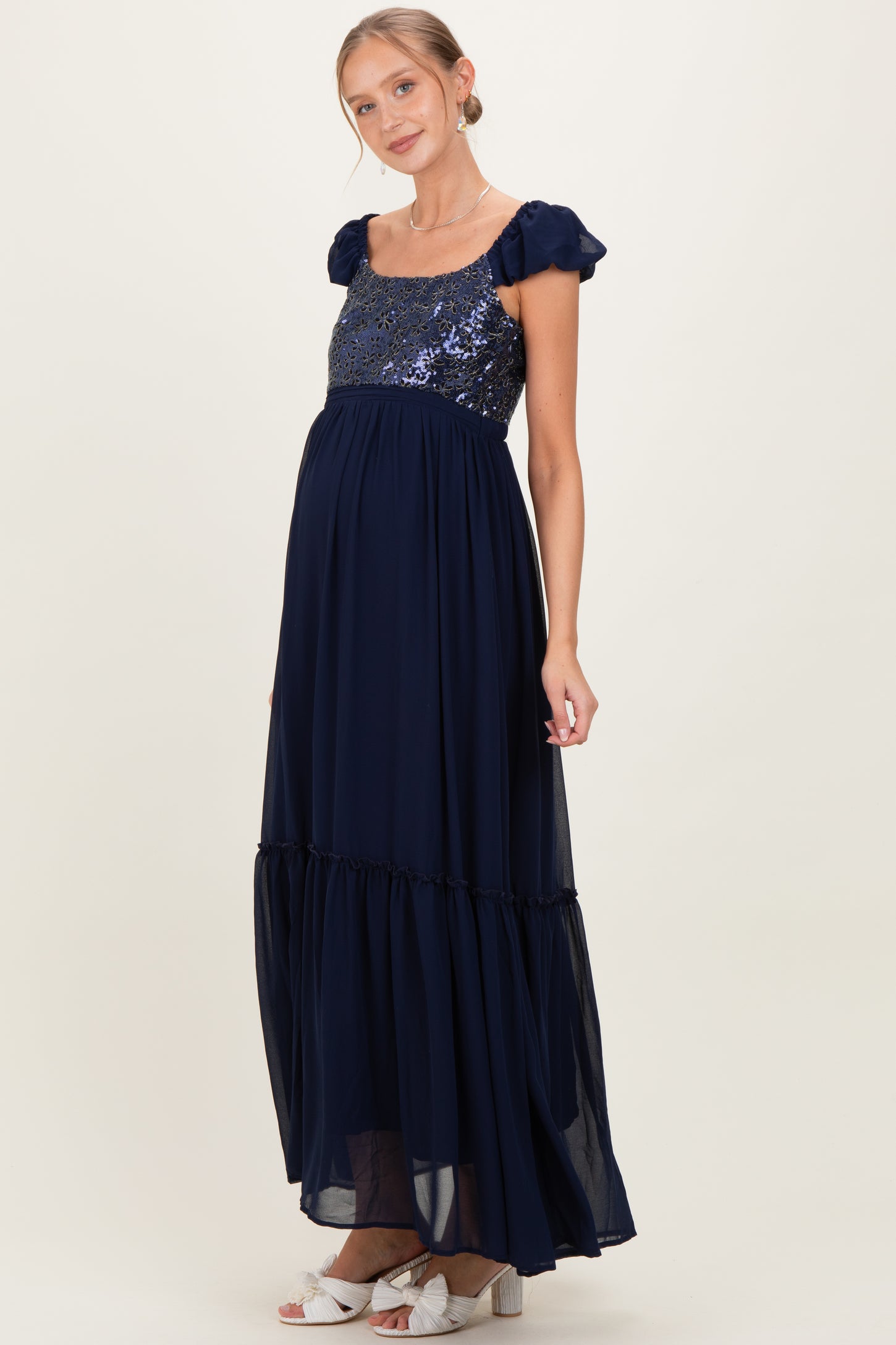 Navy Chiffon Sequin Bodice Maternity Maxi Dress