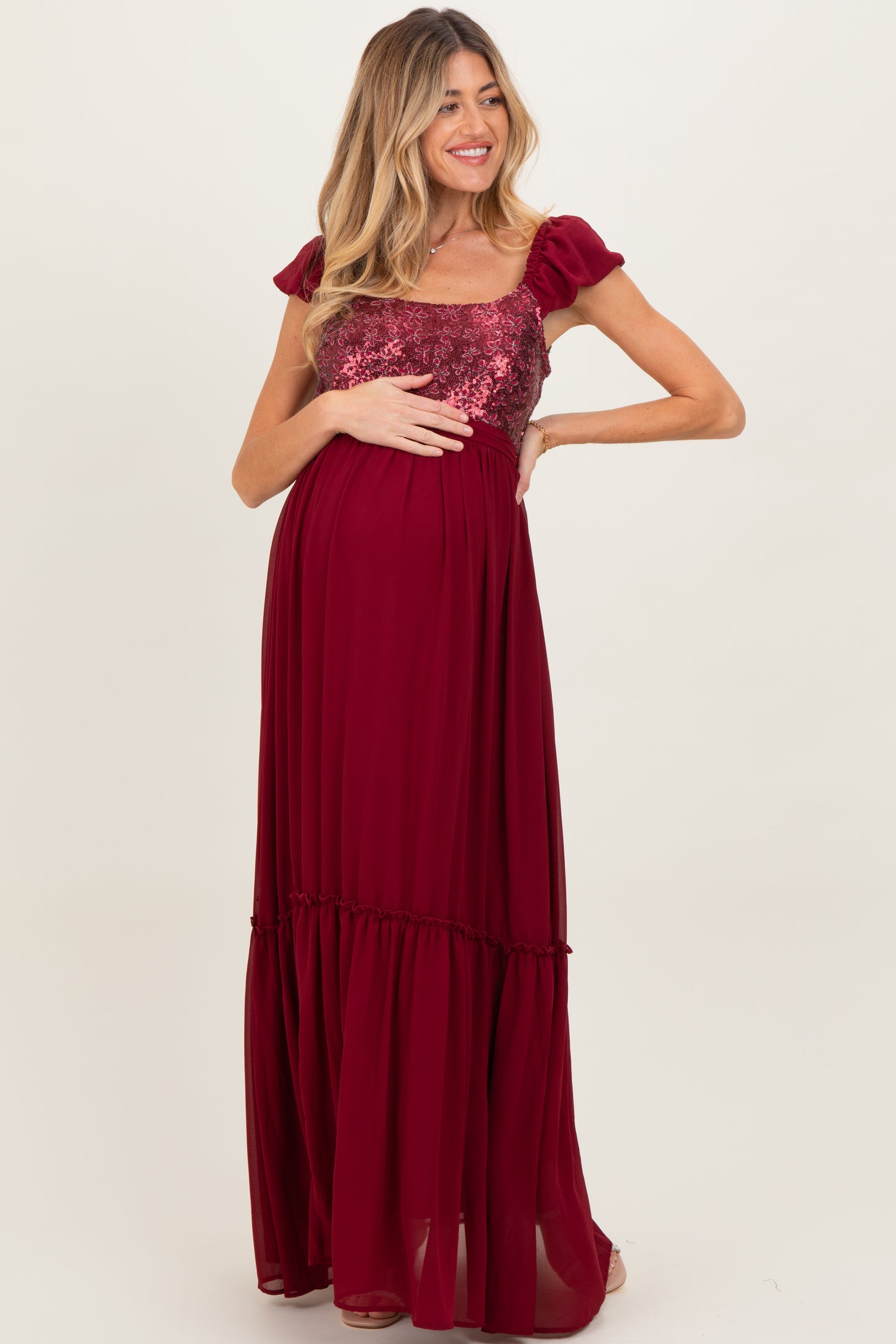 Burgundy Chiffon Sequin Bodice Maternity Maxi Dress Burgundy Chiffon Sequin Bodice Maternity Maxi Dress