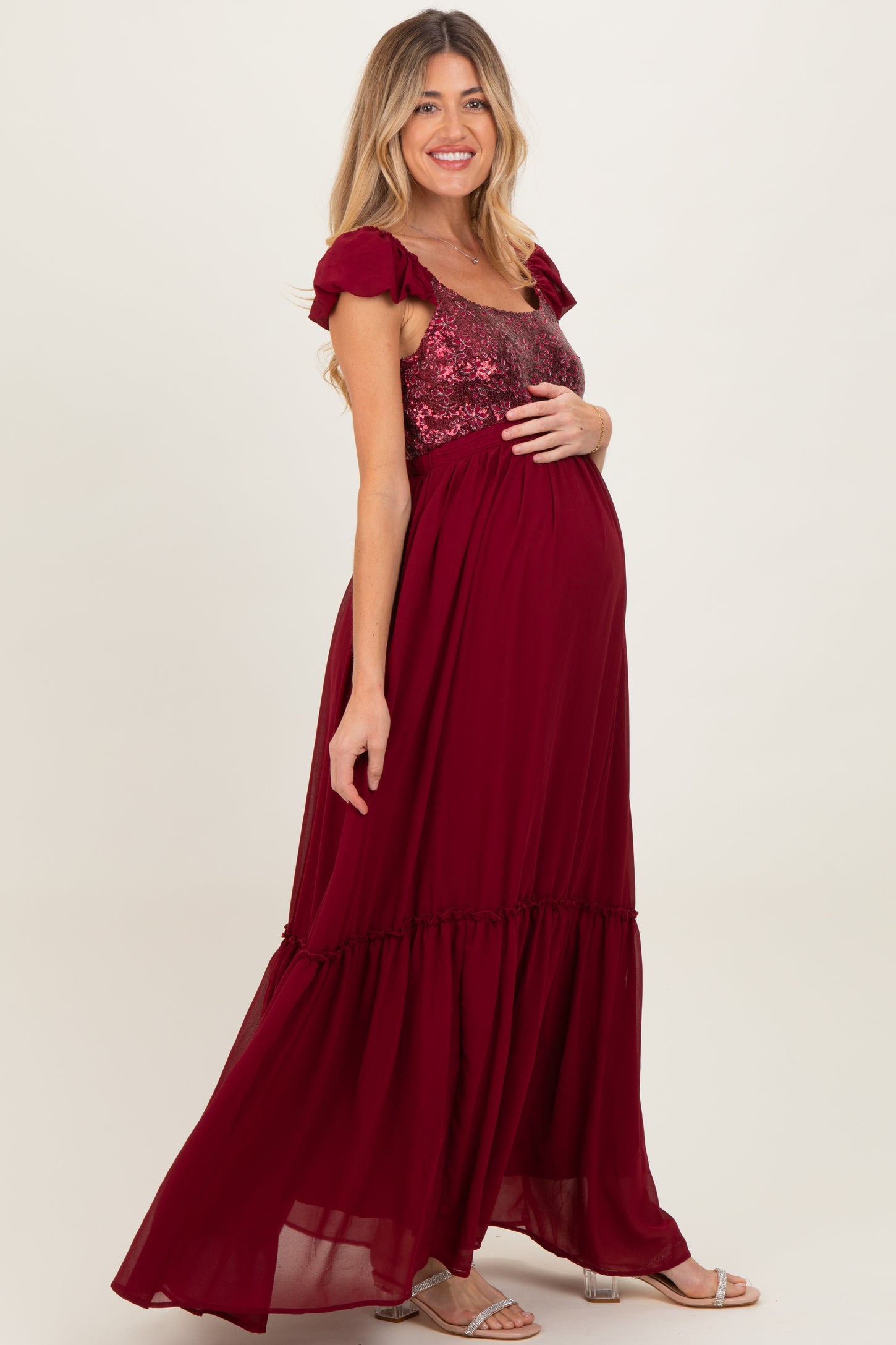 Burgundy Chiffon Sequin Bodice Maternity Maxi Dress PinkBlush Burgundy Chiffon Sequin Bodice Maternity Maxi Dress PinkBlush