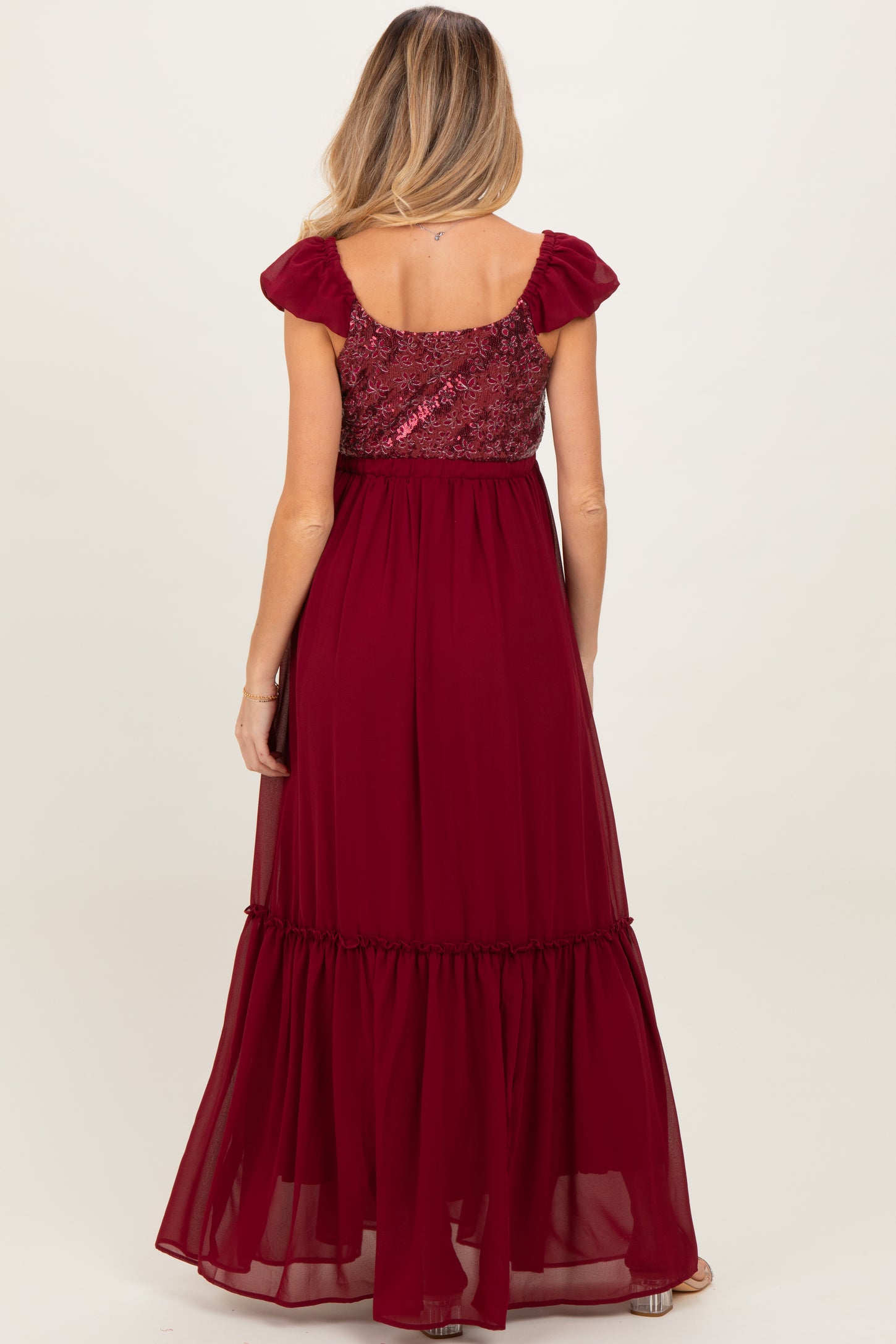 burgundy chiffon maxi dress Burgundy Chiffon Long Prom Dress with Flounced Neckline SDE015 SELINADRESS