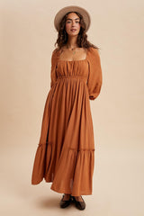 Rust Square Neckline Bubble Sleeve Maternity Maxi Dress