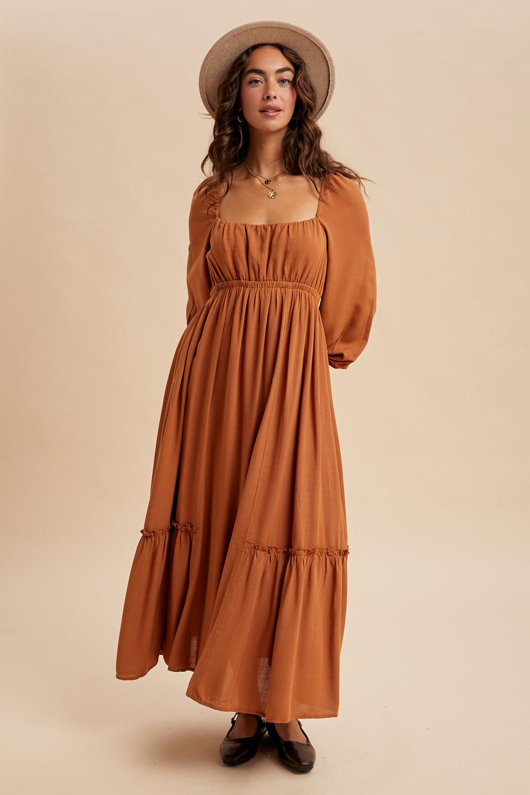 Rust Square Neckline Bubble Sleeve Maxi Dress