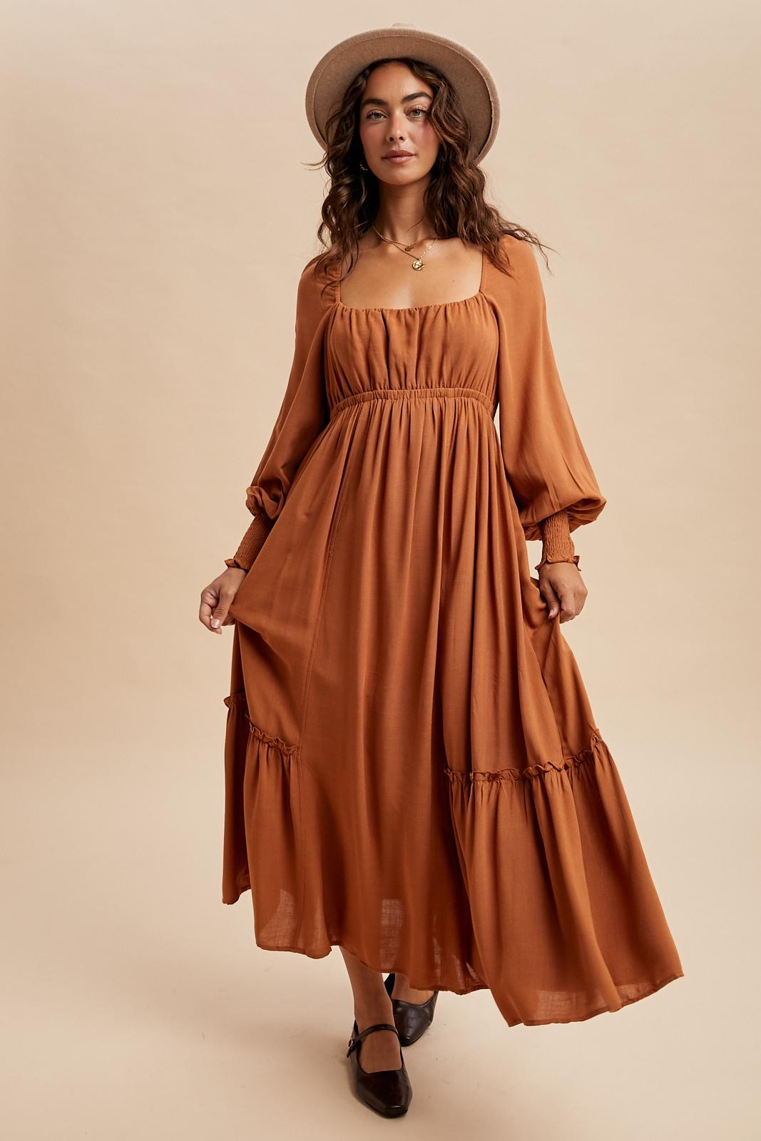Rust Square Neckline Bubble Sleeve Maxi Dress
