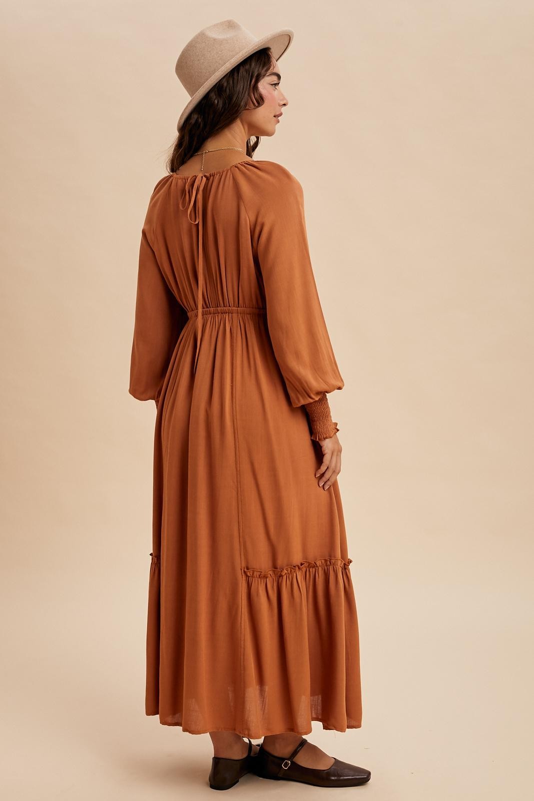 Rust Square Neckline Bubble Sleeve Maxi Dress