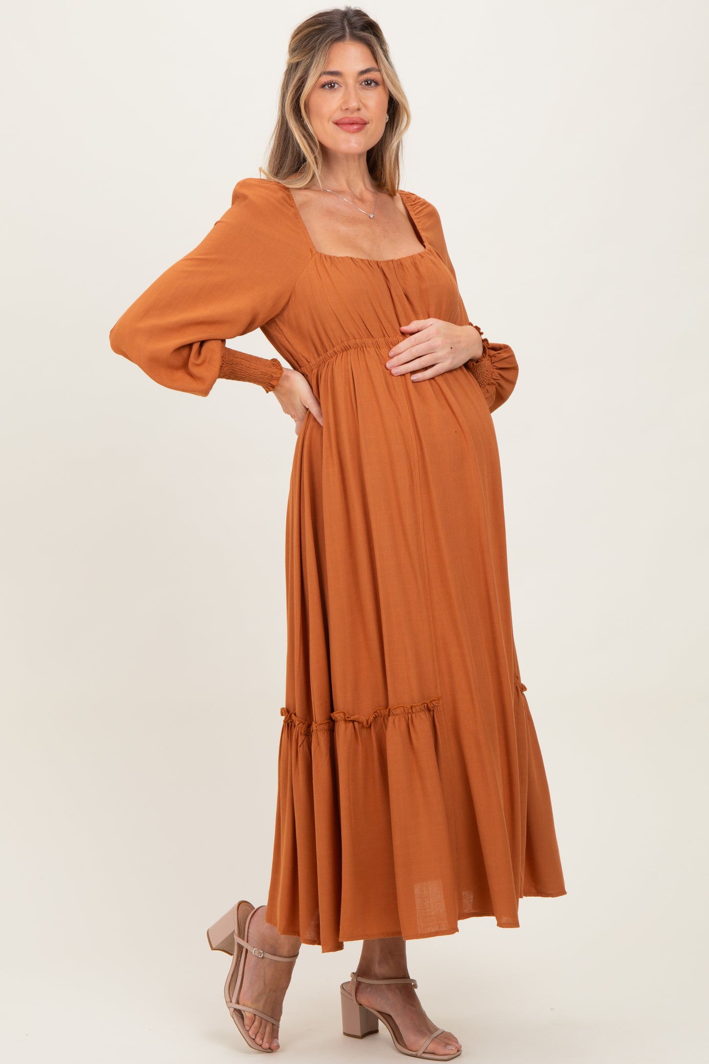 Rust Square Neckline Bubble Sleeve Maternity Maxi Dress