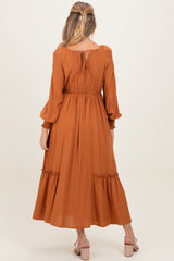 Rust Square Neckline Bubble Sleeve Maternity Maxi Dress