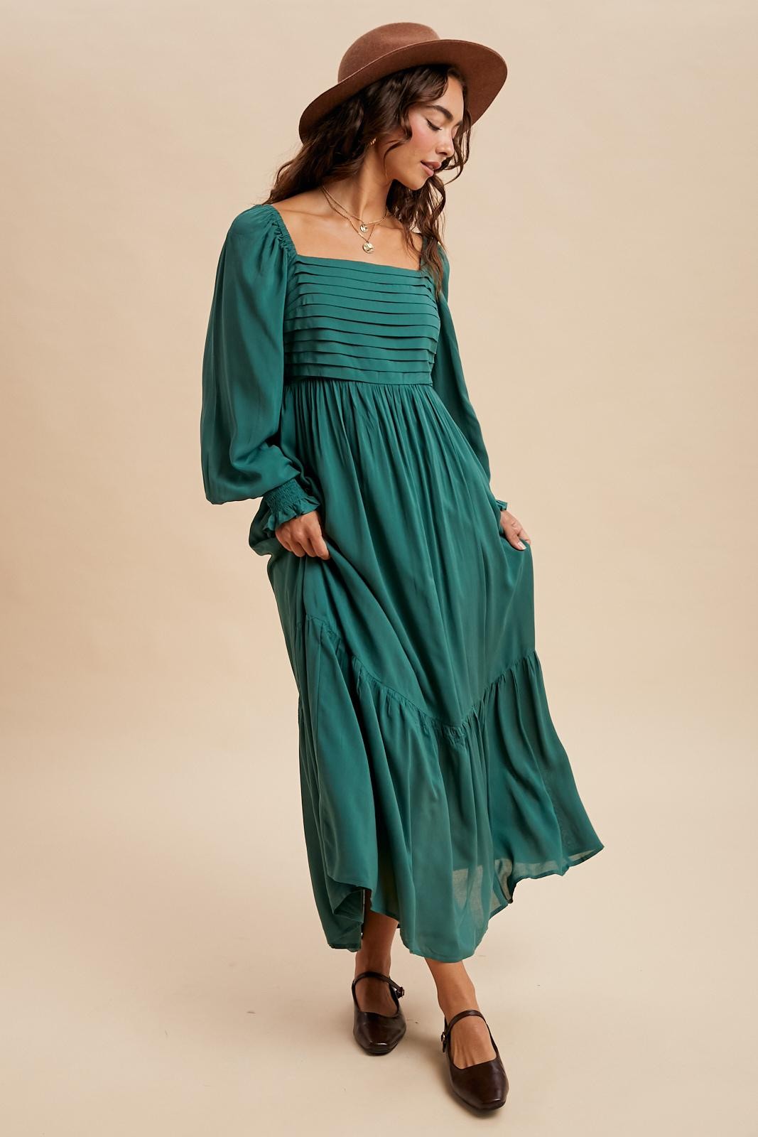 Forest Green Pleated Bodice Long Sleeve Maxi Dress Forest Green Pleated Bodice Long Sleeve Maxi Dress