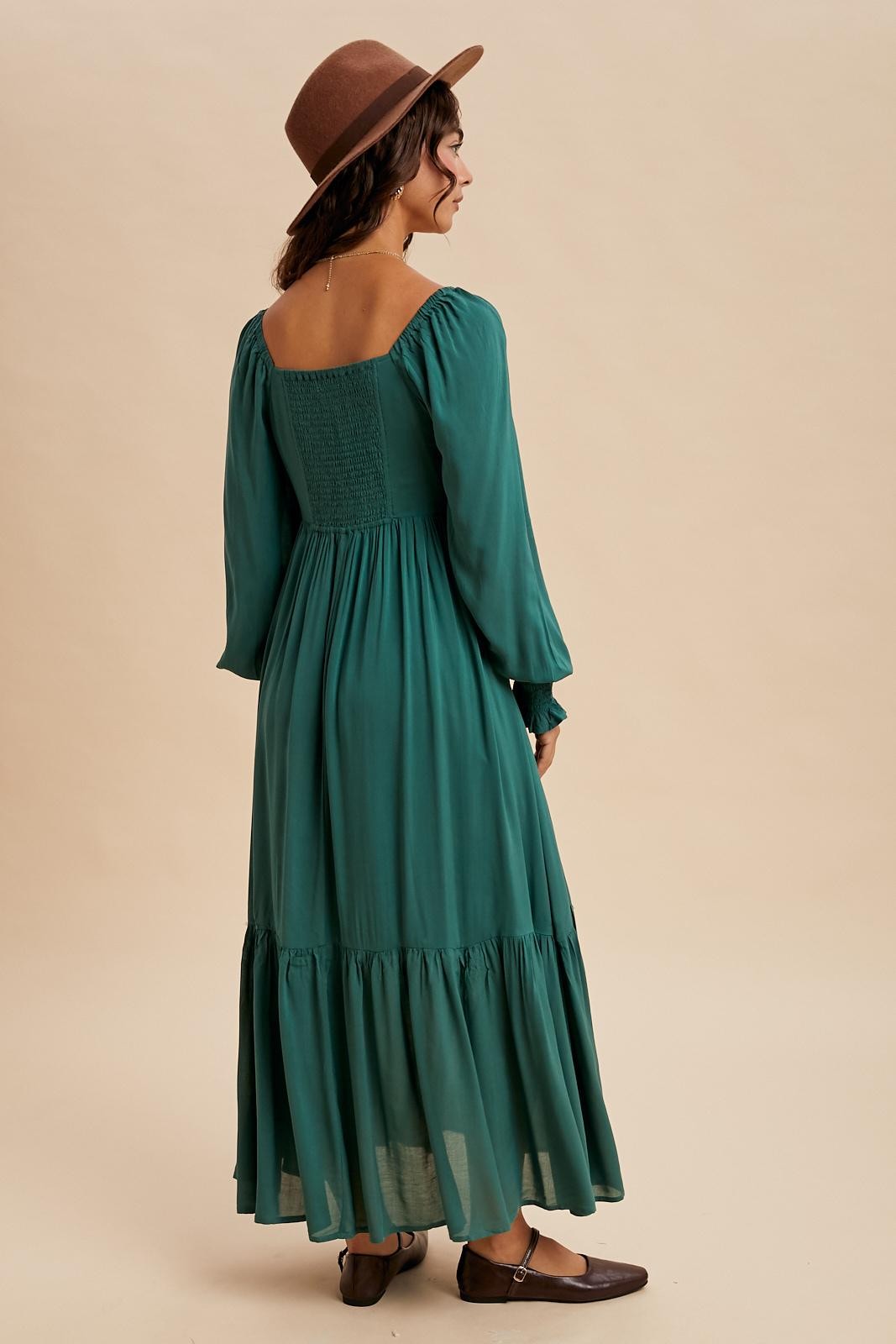 Forest Green Pleated Bodice Long Sleeve Maxi Dress Forest Green Pleated Bodice Long Sleeve Maxi Dress