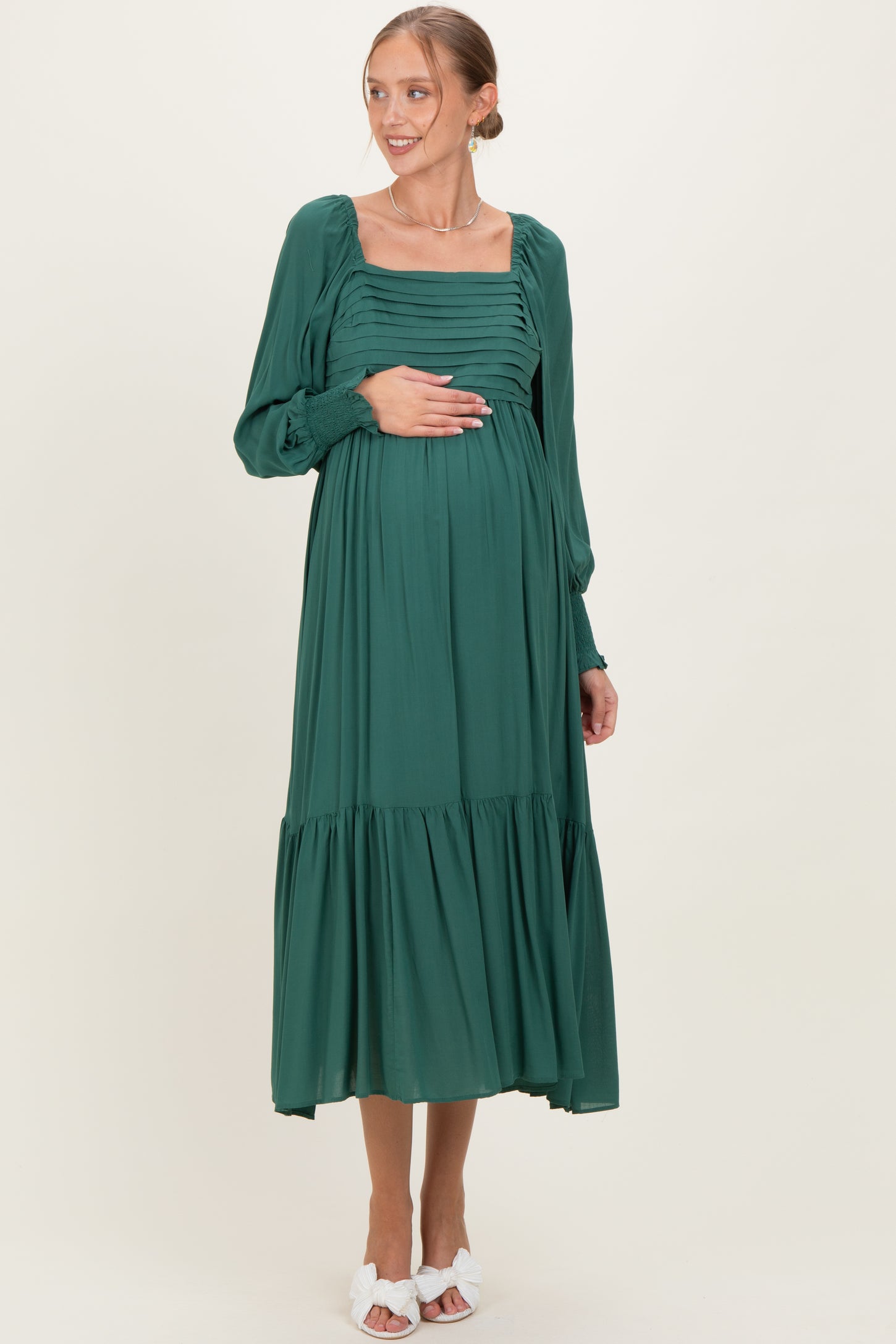 Forest Green Pleated Bodice Long Sleeve Maternity Maxi Dress