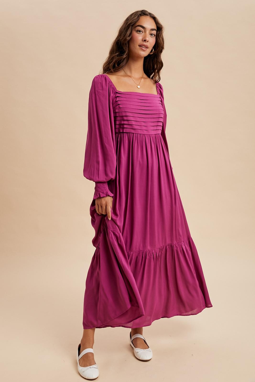 Magenta Pleated Bodice Long Sleeve Maxi Dress