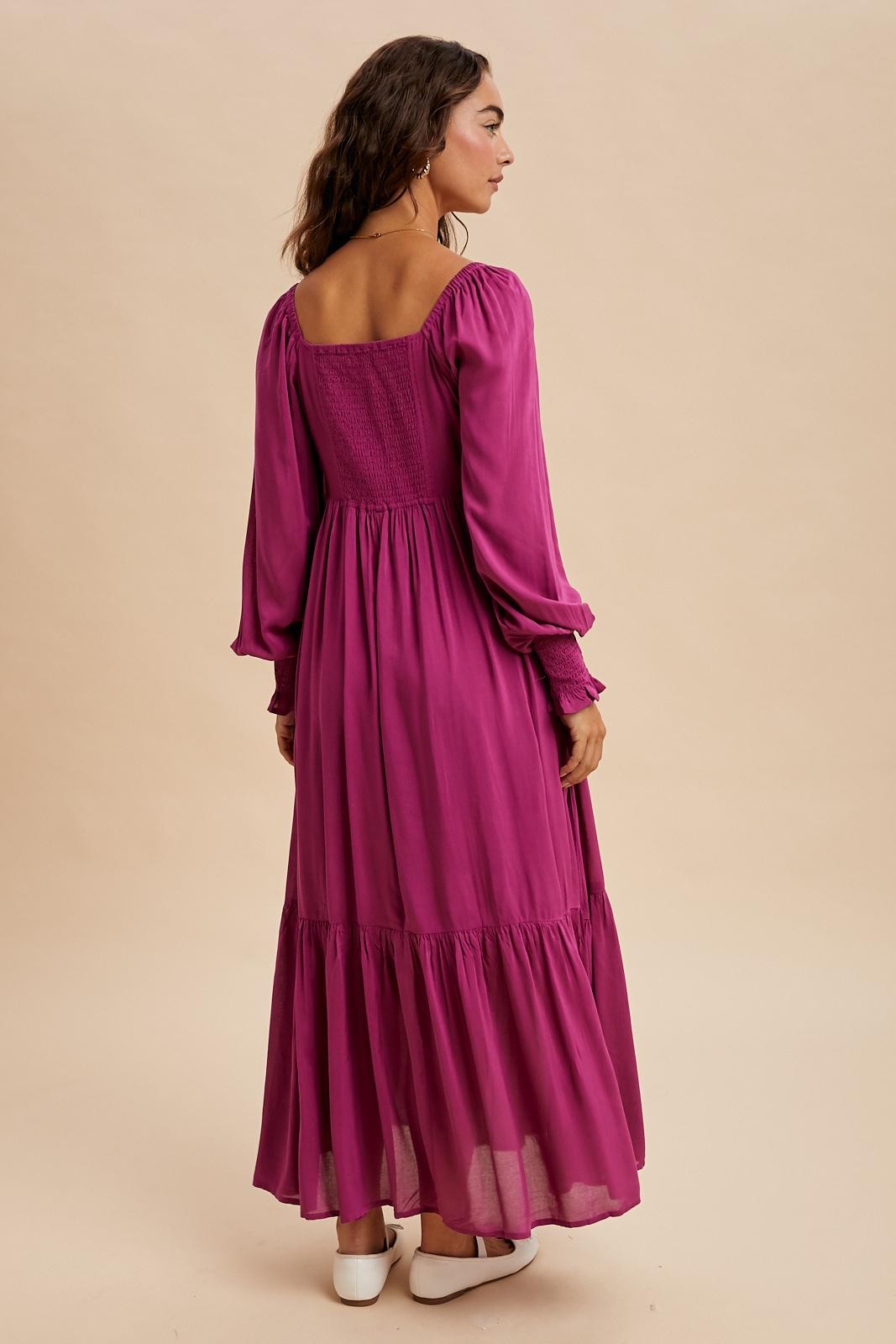magenta maxi dress with sleeves Long Sleeve Crystal Draped Maxi Dress Magenta