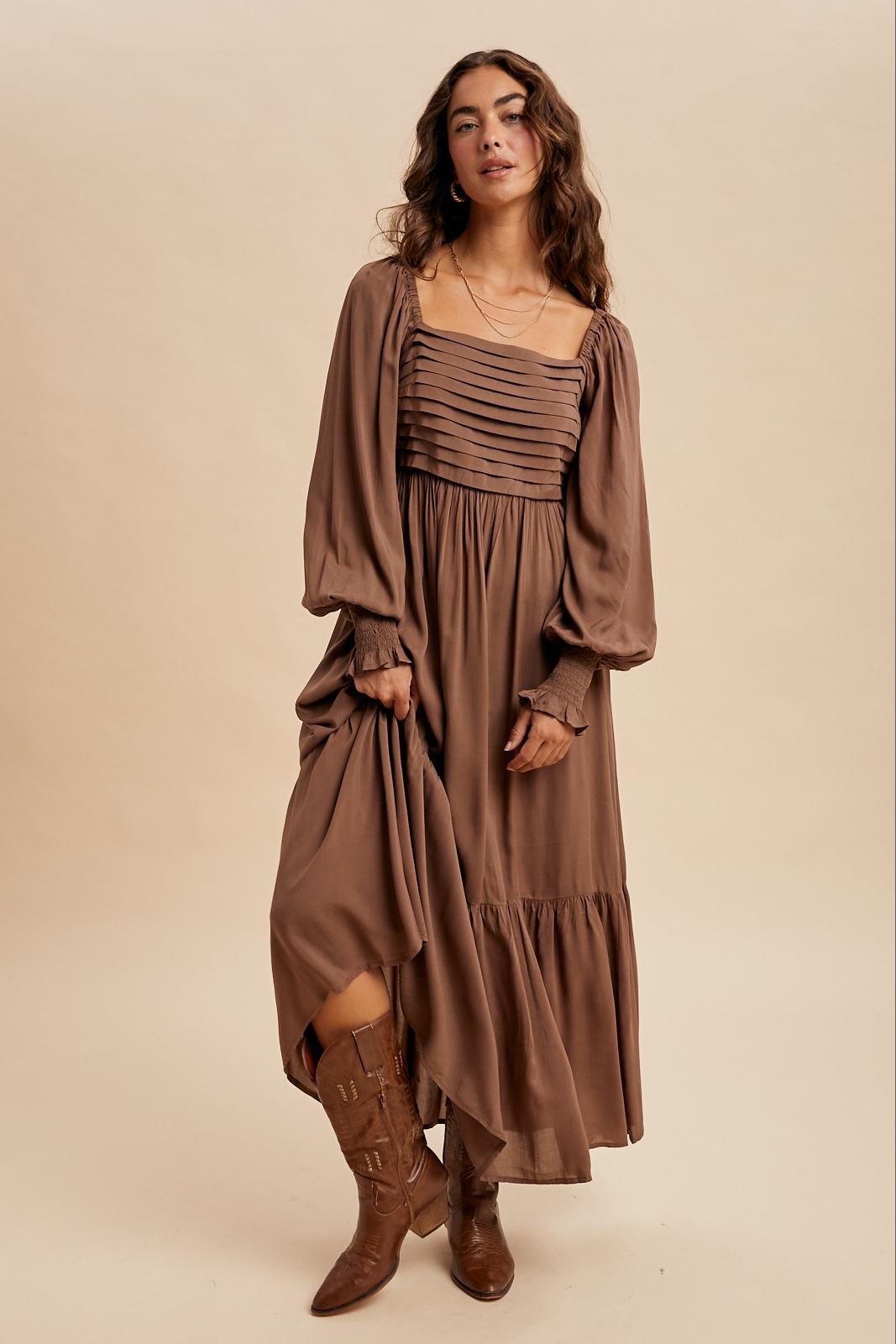 Mocha Pleated Bodice Long Sleeve Maternity Maxi Dress