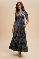 Blue Grey Velvet Floral Button Down Maxi Dress
