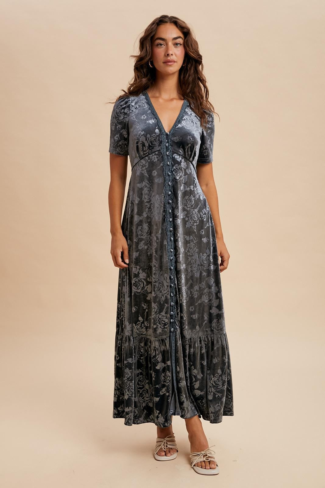 Blue Grey Velvet Floral Button Down Maxi Dress – PinkBlush