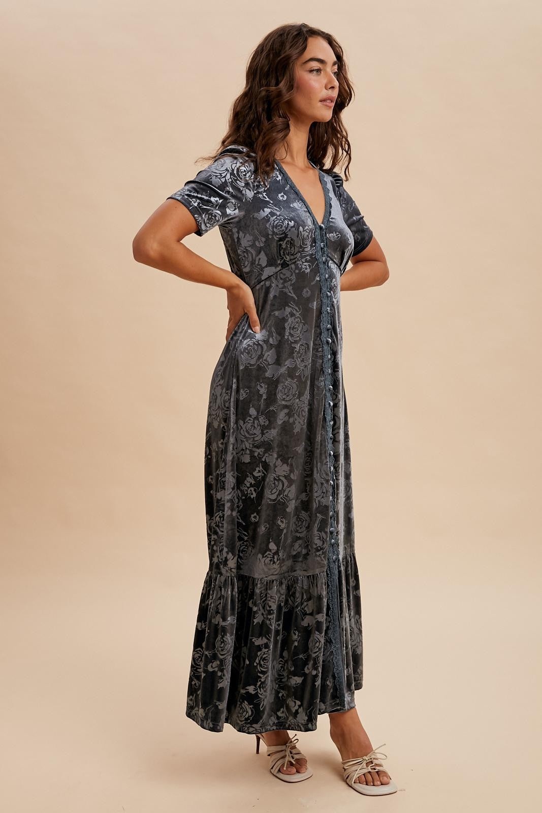 Blue Grey Velvet Floral Button Down Maxi Dress PinkBlush Blue Grey Velvet Floral Button Down Maxi Dress PinkBlush