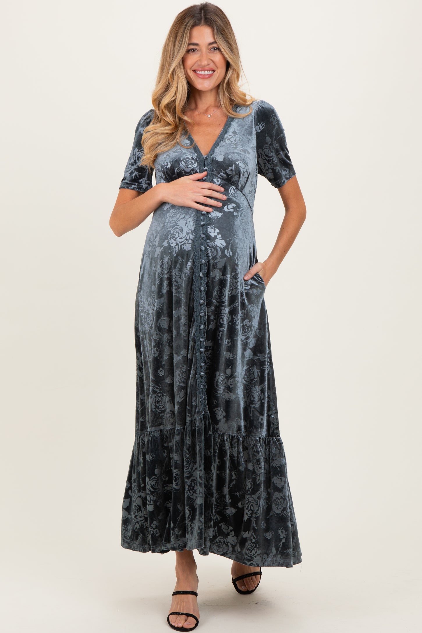 Blue Grey Velvet Floral Button Down Maternity Maxi Dress Blue Grey Velvet Floral Button Down Maternity Maxi Dress