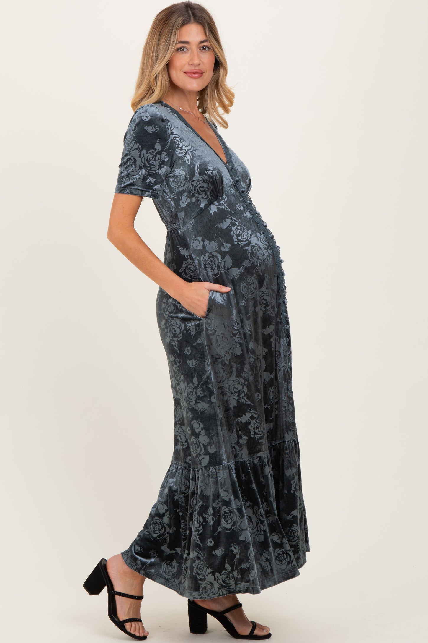 Blue Grey Velvet Floral Button Down Maternity Maxi Dress PinkBlush Blue Grey Velvet Floral Button Down Maternity Maxi Dress PinkBlush