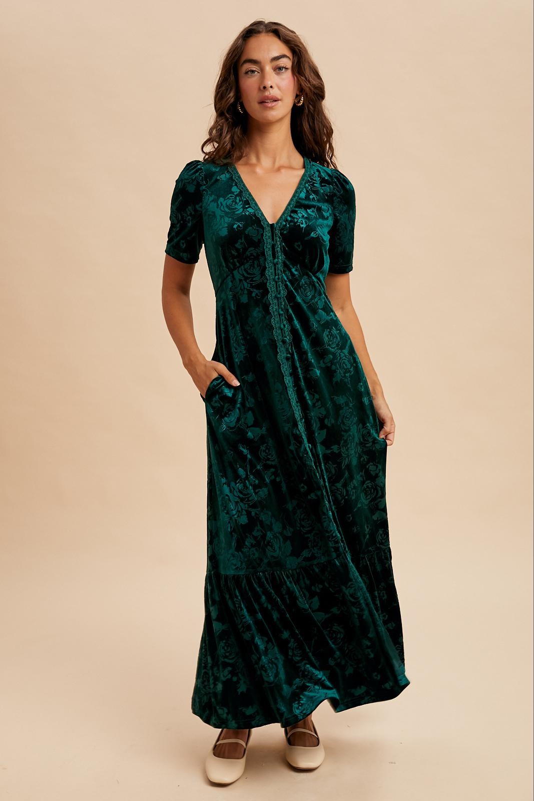 Forest Green Velvet Floral Button Down Maxi Dress