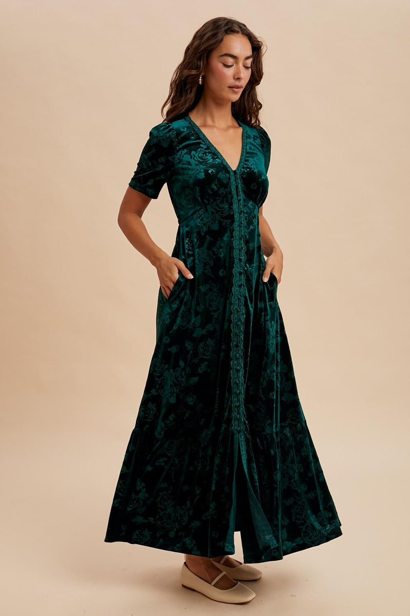 green velvet maxi dress Forest Green Velvet Floral Button Down Maxi Dress – PinkBlush