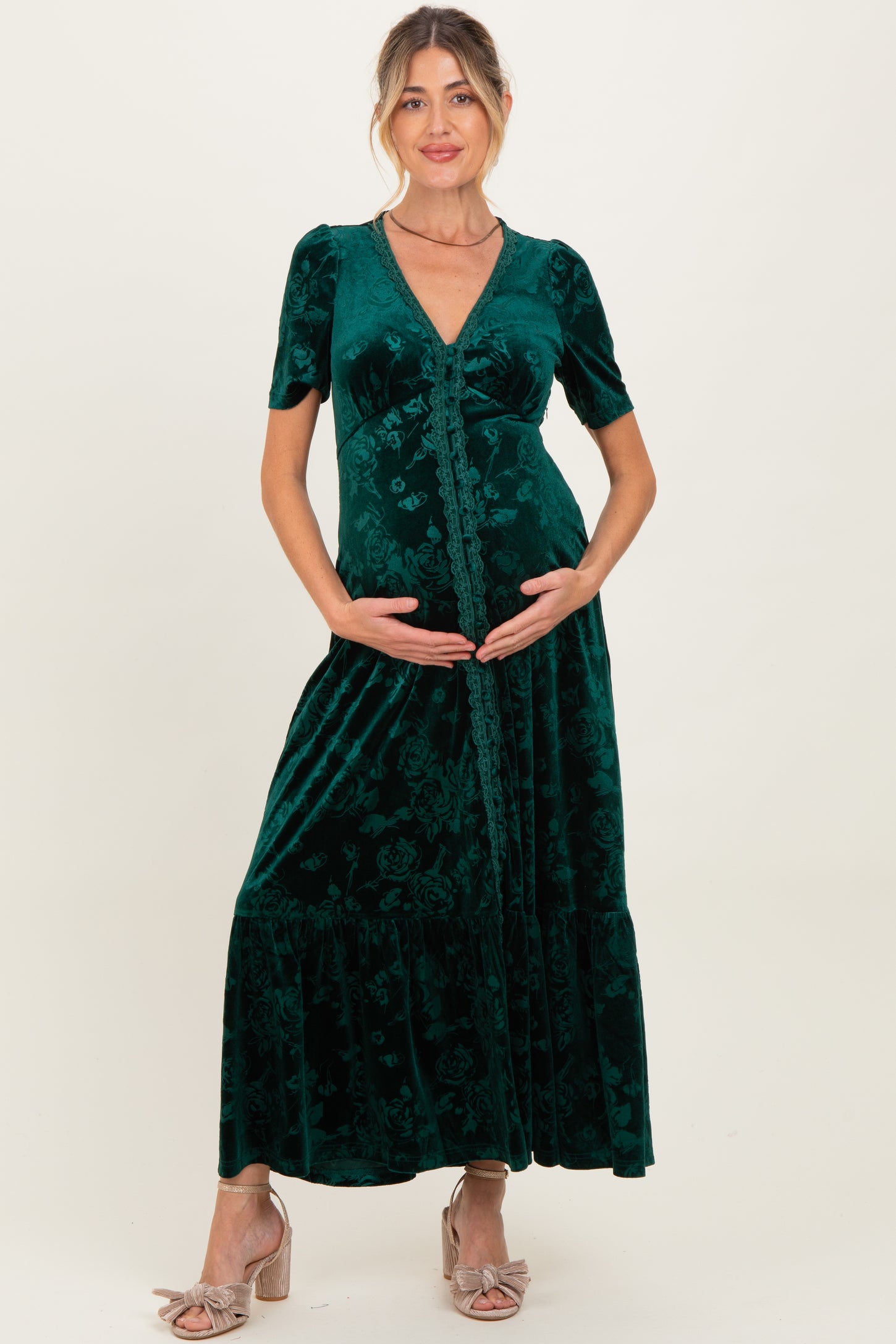 Forest Green Velvet Floral Button Down Maternity Maxi Dress PinkBlush Forest Green Velvet Floral Button Down Maternity Maxi Dress PinkBlush
