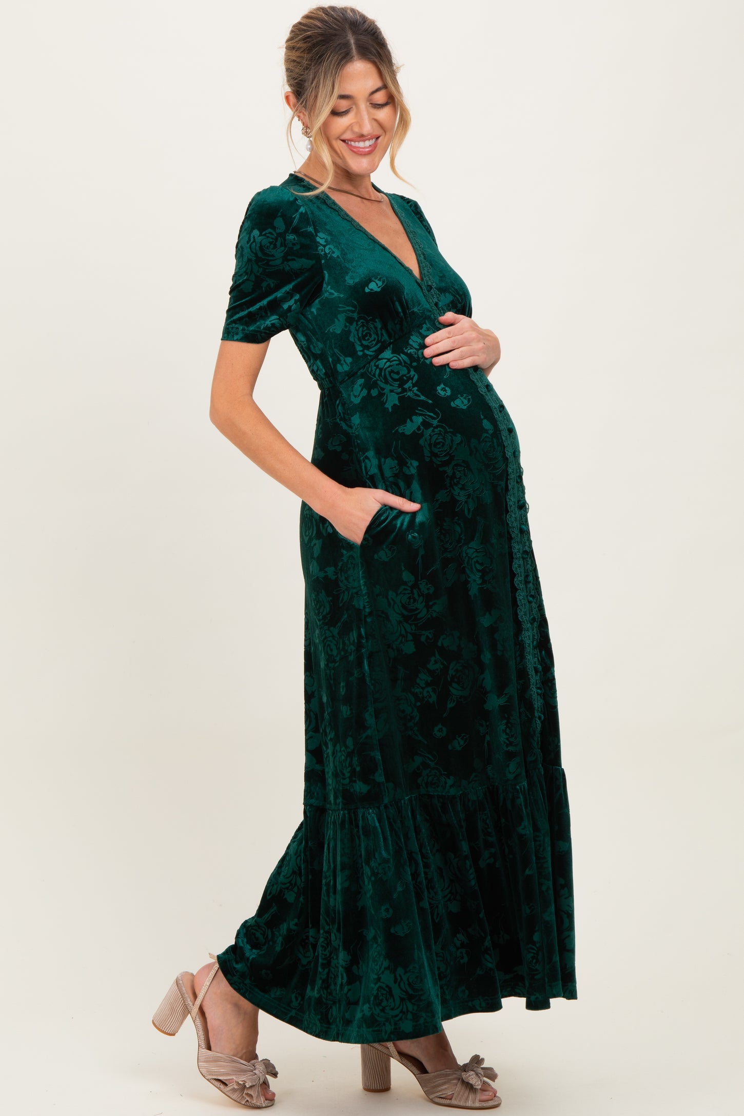 Forest Green Velvet Floral Button Down Maternity Maxi Dress PinkBlush Forest Green Velvet Floral Button Down Maternity Maxi Dress PinkBlush