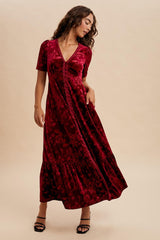 Burgundy Velvet Floral Button Down Maxi Dress