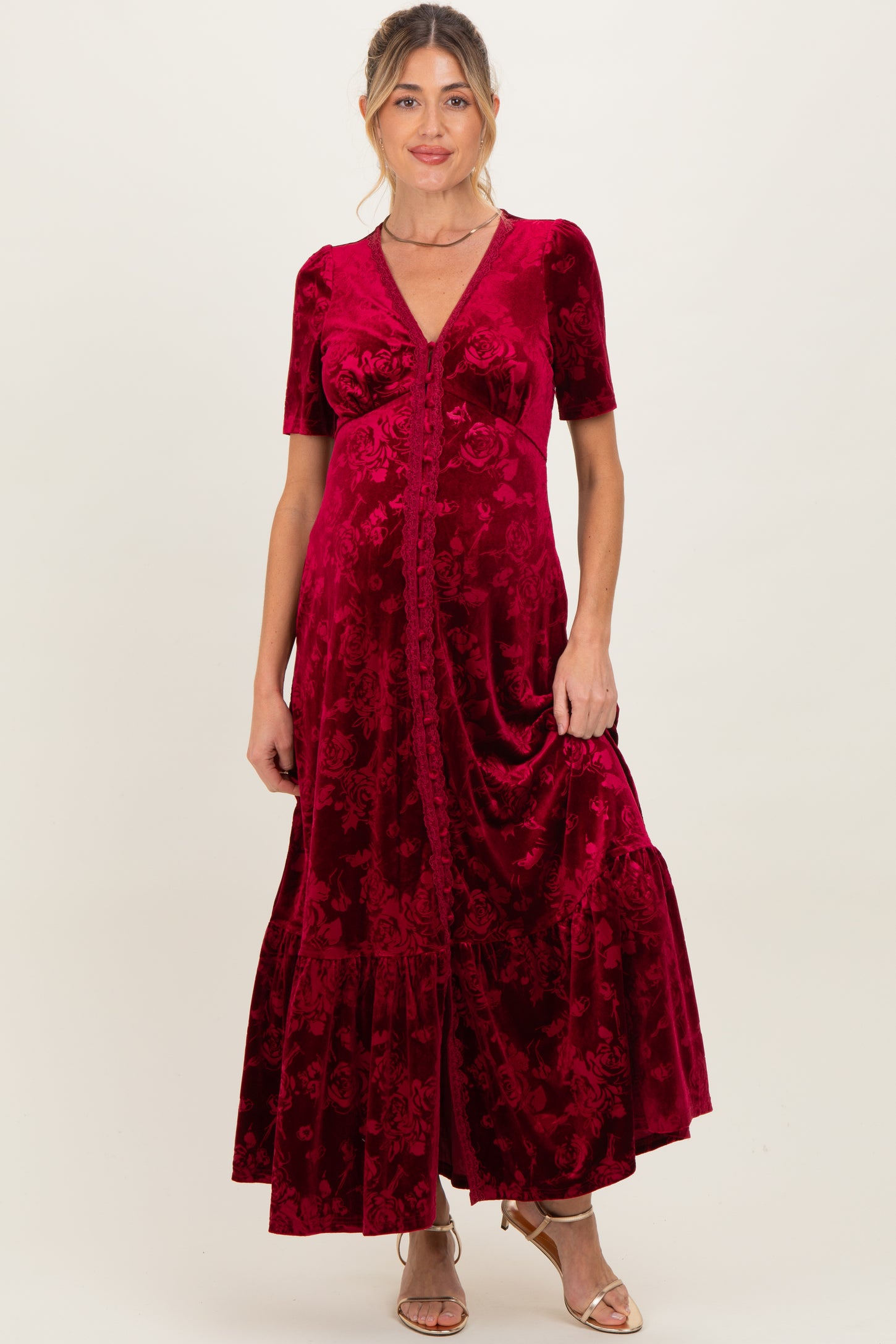 Burgundy Velvet Floral Button Down Maternity Maxi Dress
