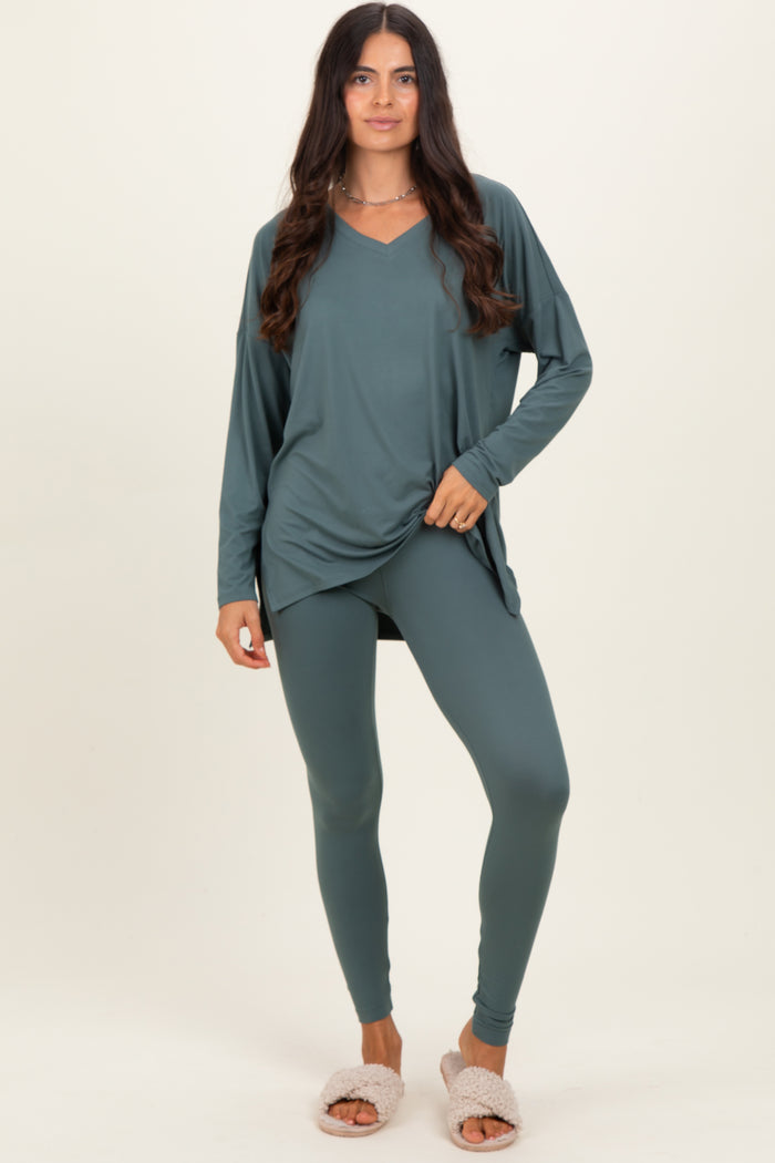 Olive Brushed Knit Oversized Top and Legging Set