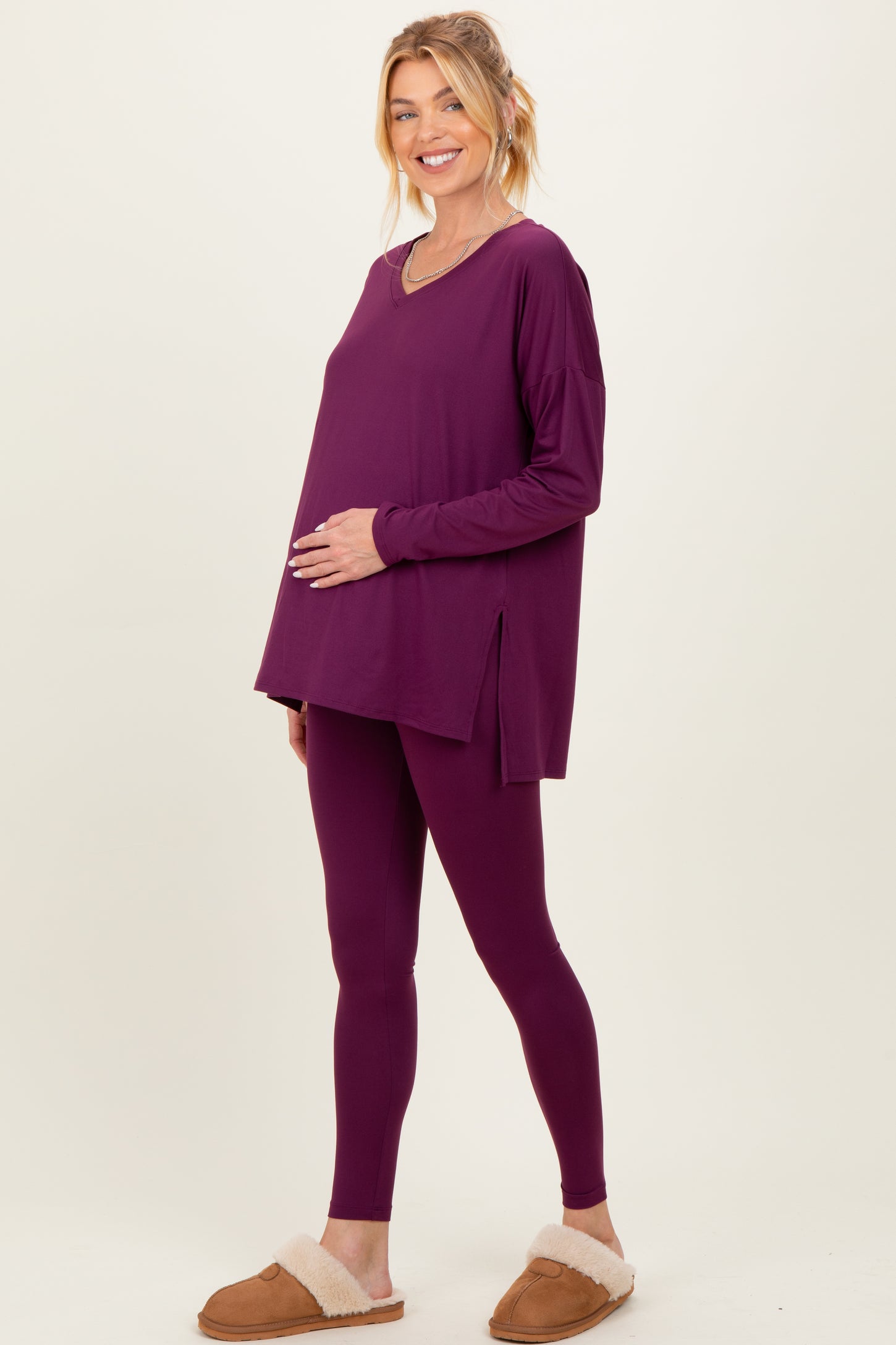 Plum Brushed Knit Maternity Oversized Top and Legging Set