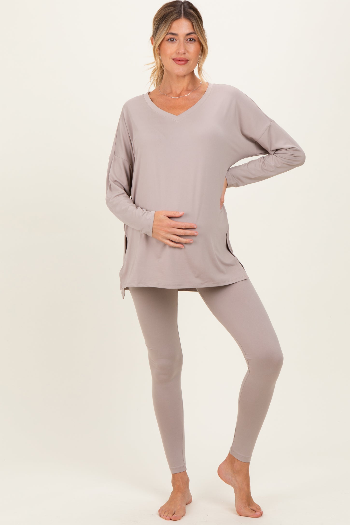 Beige Brushed Knit Maternity Oversized Top and Legging Set