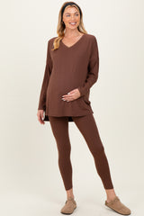 Brown Brushed Knit Maternity Oversized Top and Legging Set