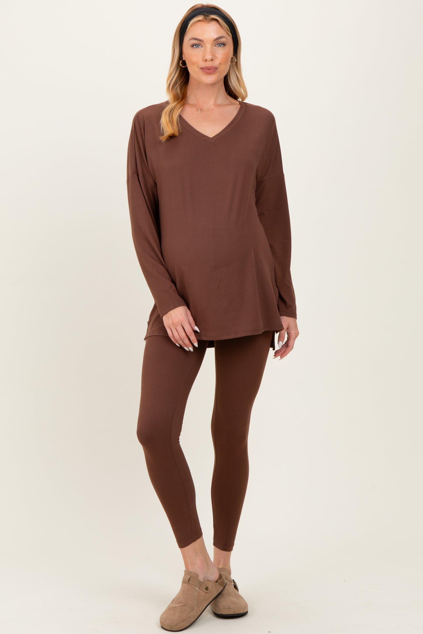 Brown Brushed Knit Maternity Oversized Top and Legging Set