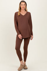 Brown Brushed Knit Maternity Oversized Top and Legging Set