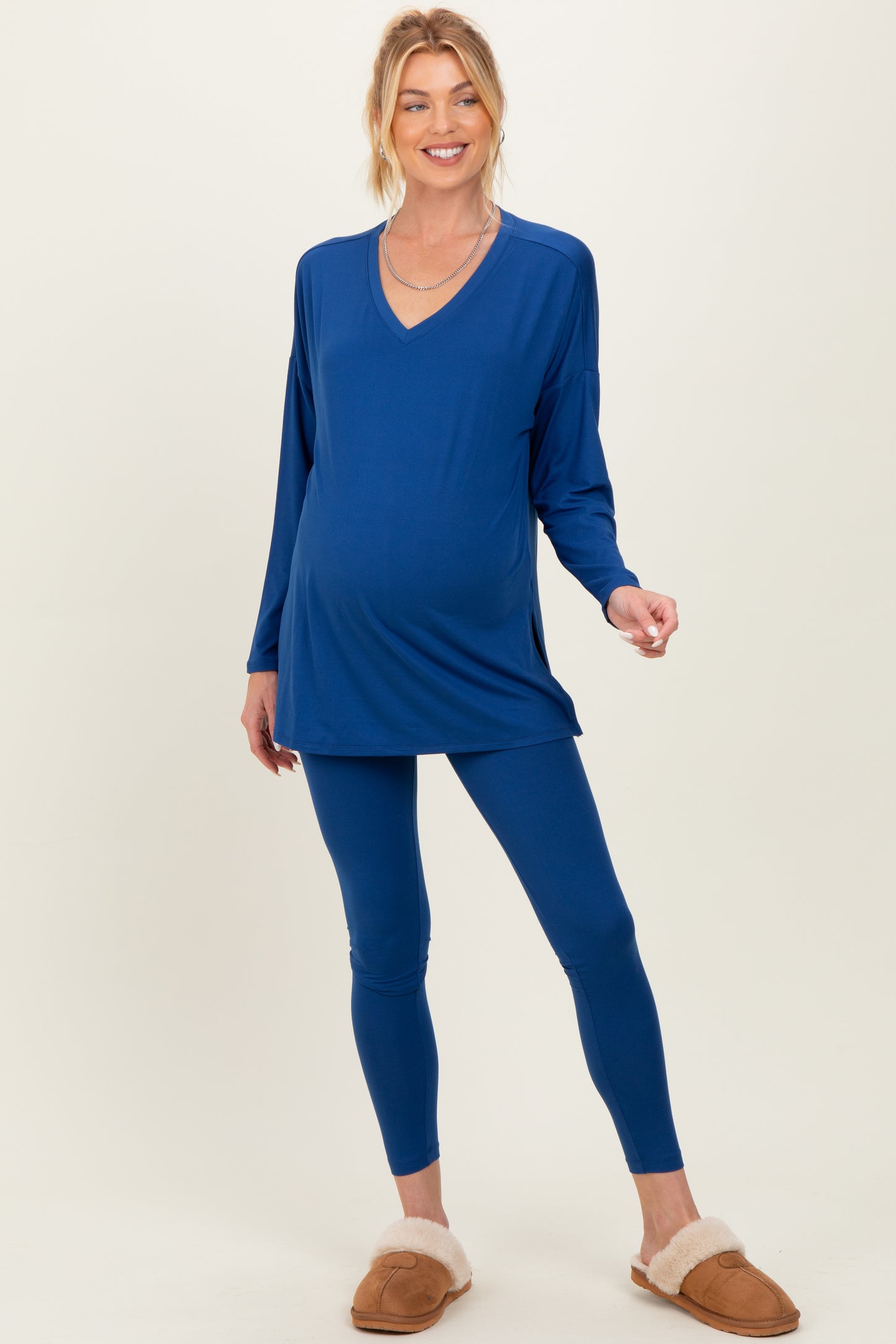 Navy Brushed Knit Maternity Oversized Top and Legging Set