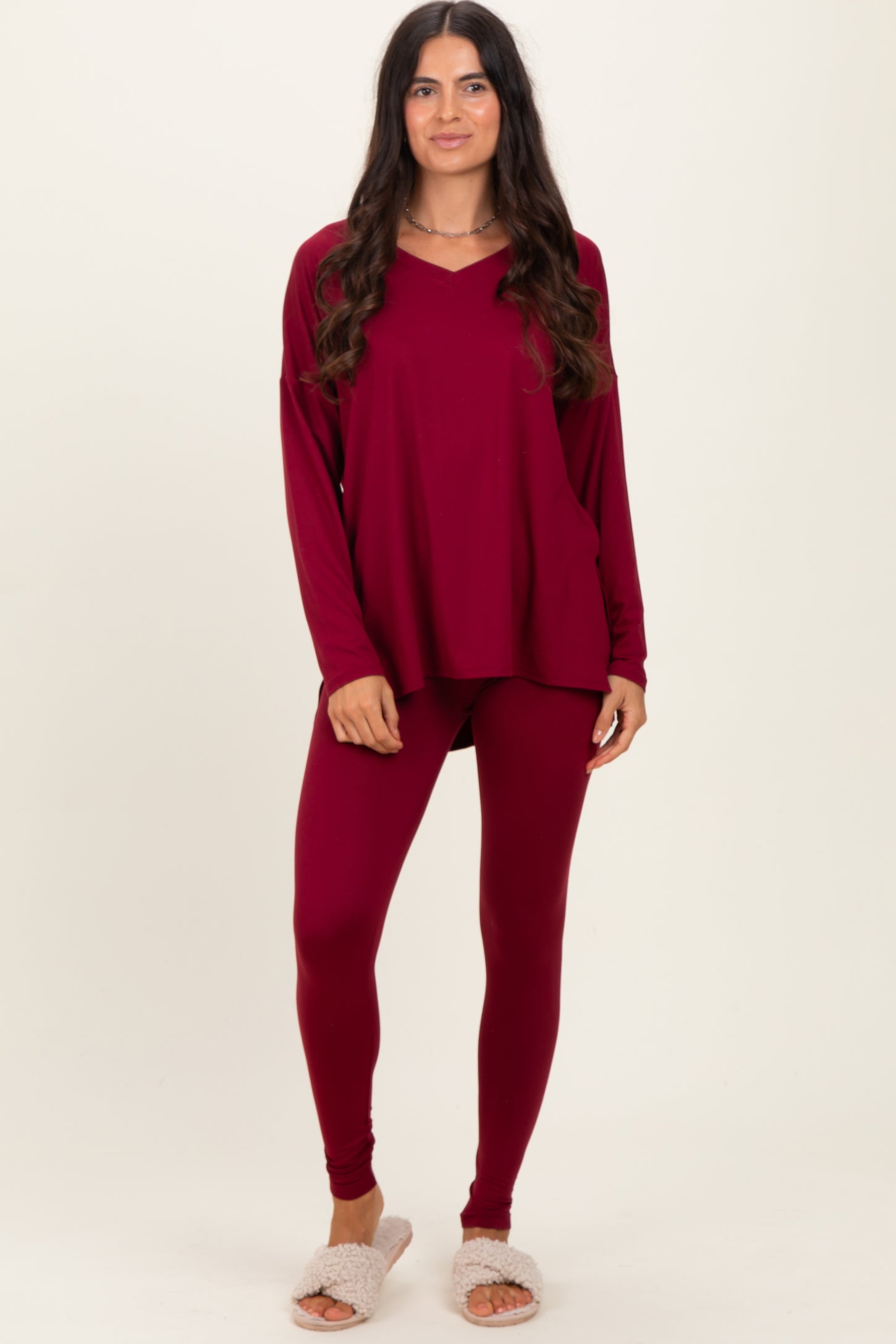 Burgundy Brushed Knit Maternity Oversized Top and Legging Set