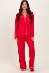 Red Button Down Top Wide Leg Pant Maternity Pajama Set