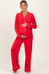 Red Button Down Top Wide Leg Pant Maternity Pajama Set
