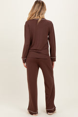 Brown Button Down Top Wide Leg Pant Maternity Pajama Set