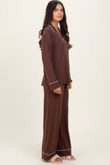 Brown Button Down Top Wide Leg Pant Pajama Set