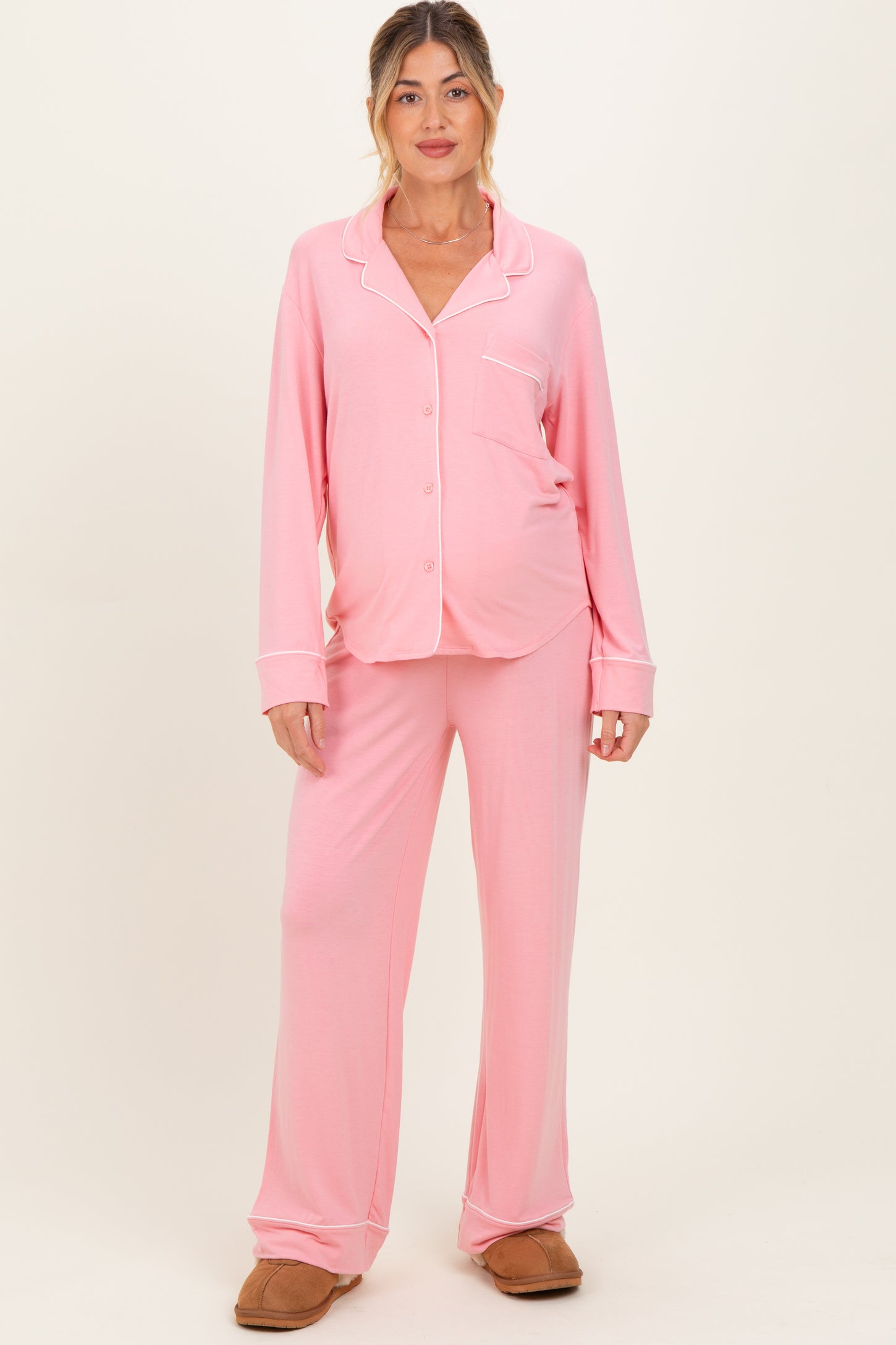 Light Pink Button Down Top Wide Leg Pant Maternity Pajama Set