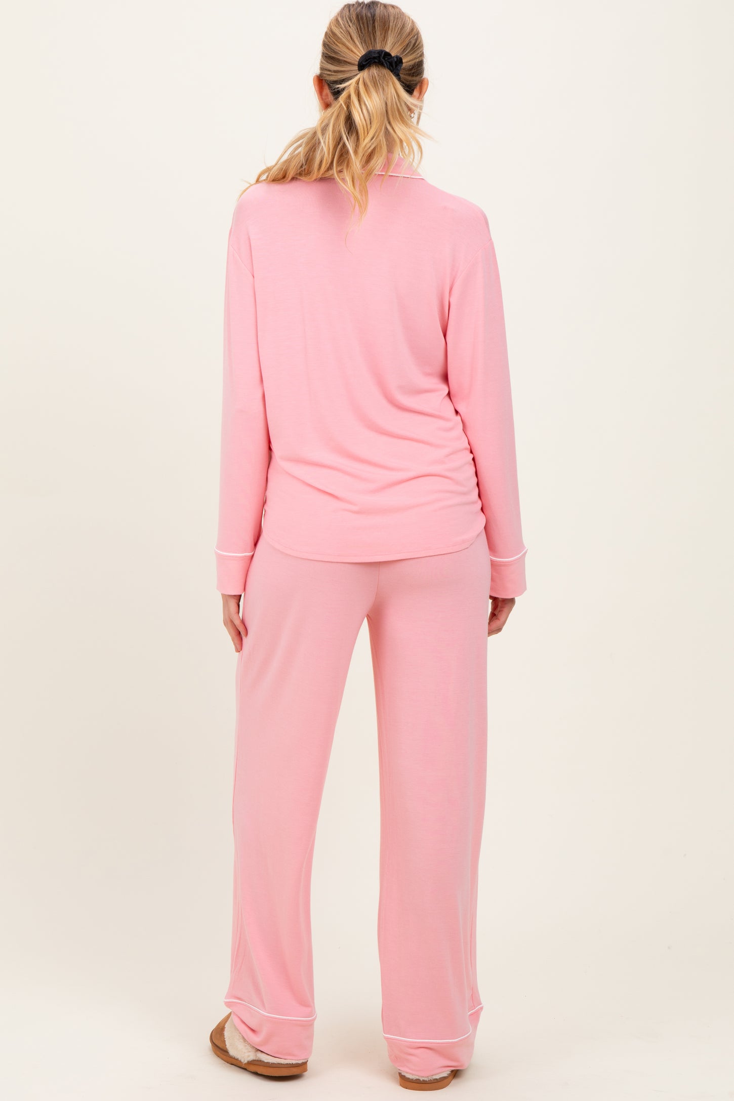 Light Pink Button Down Top Wide Leg Pant Maternity Pajama Set