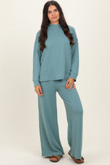 Jade Textured Rib Mock Neck Long Sleeve Pants Maternity Set