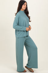 Jade Textured Rib Mock Neck Long Sleeve Pants Set