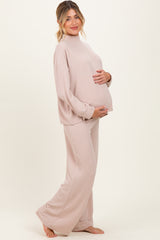 Beige Textured Rib Mock Neck Long Sleeve Pants Maternity Set