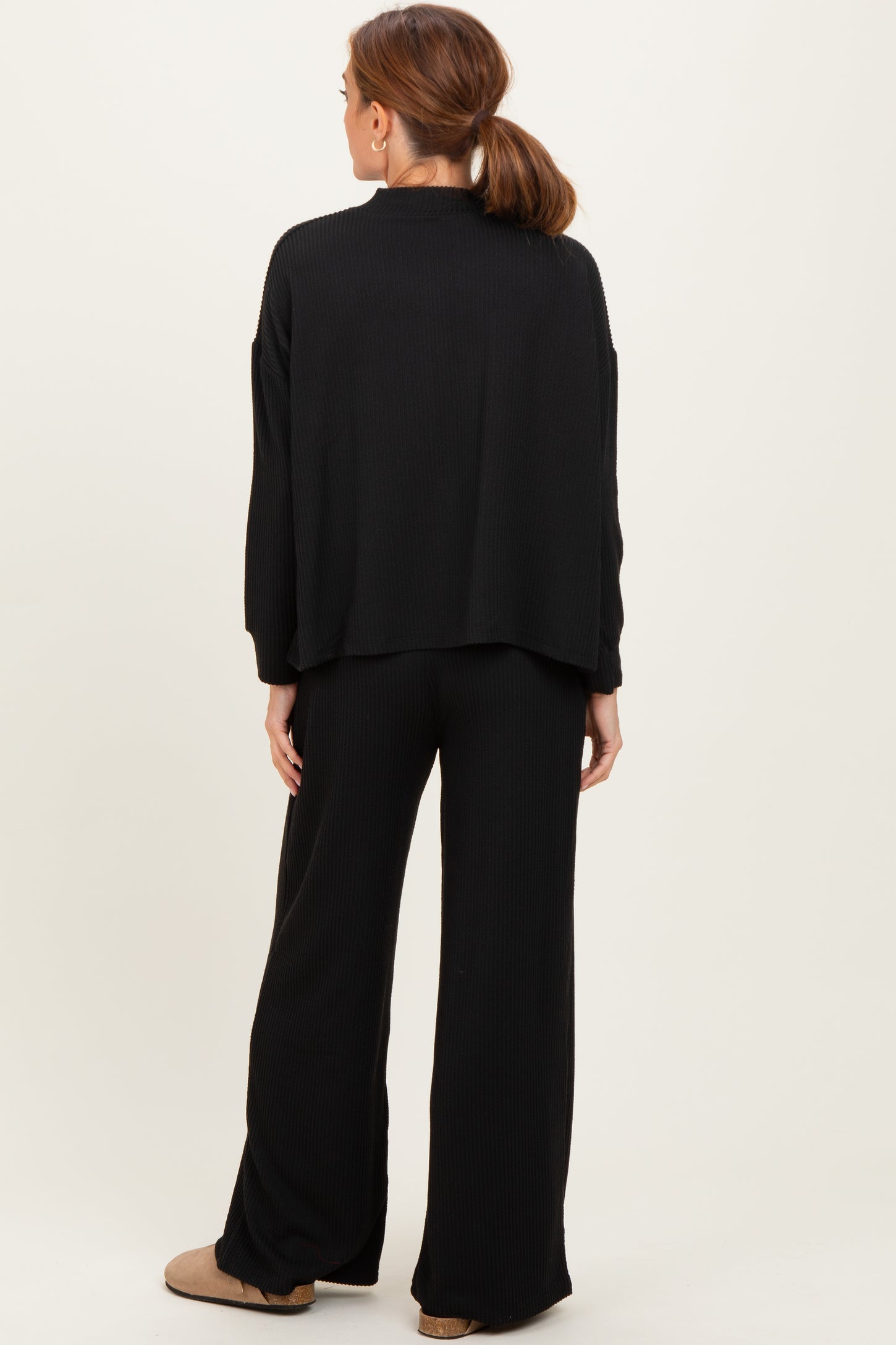 Black Textured Rib Mock Neck Long Sleeve Pants Set