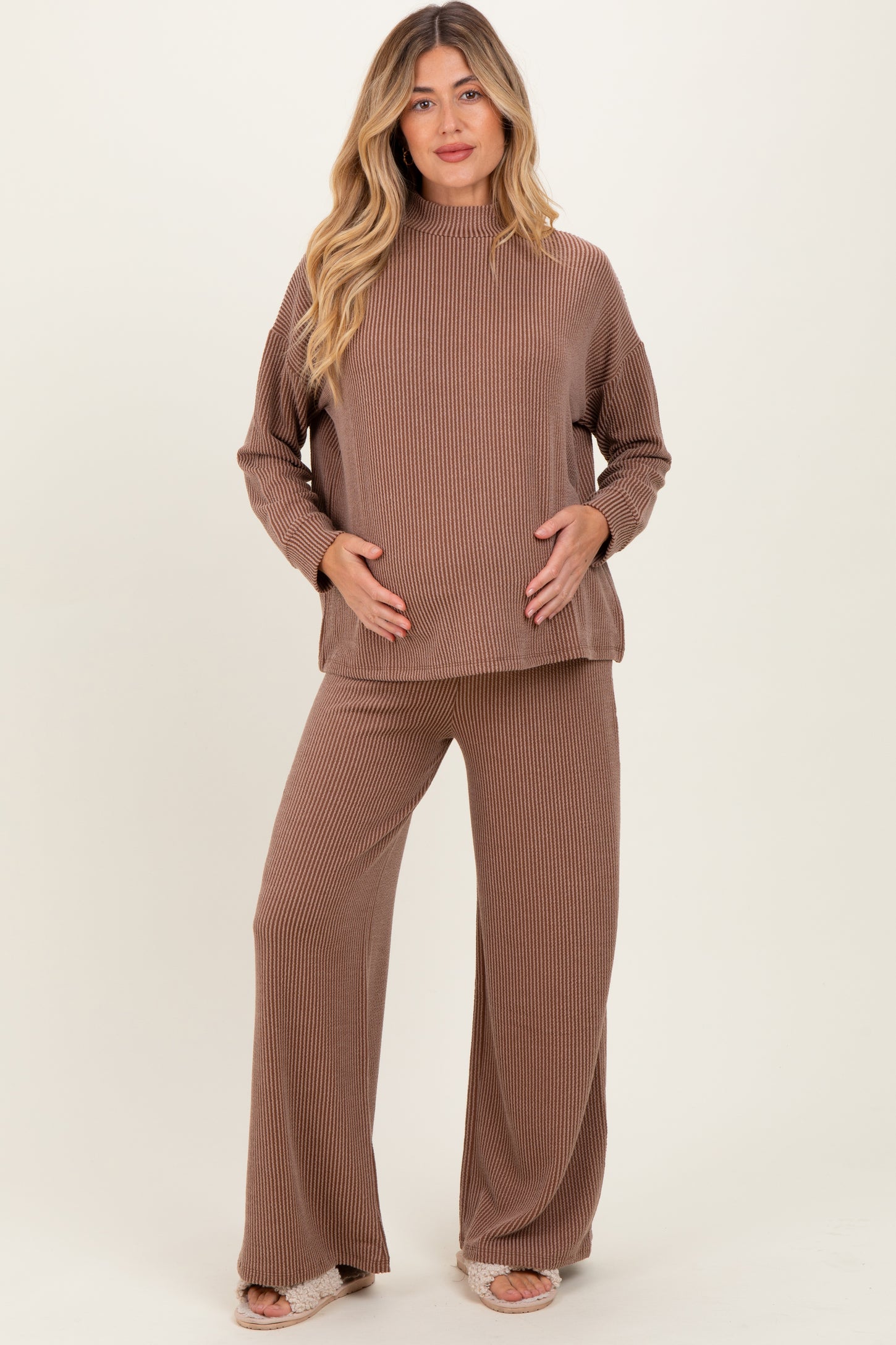 Mocha Textured Rib Mock Neck Long Sleeve Pants Maternity Set